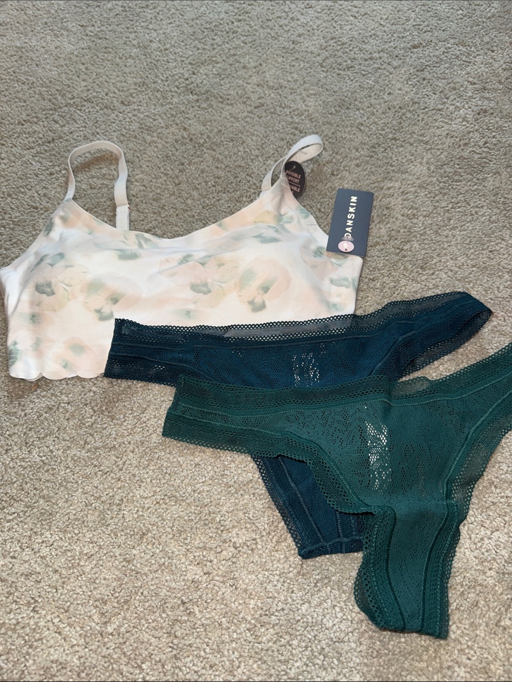 Danskin Floral Bralette with Soma Teal & Forest Green Lace Thongs